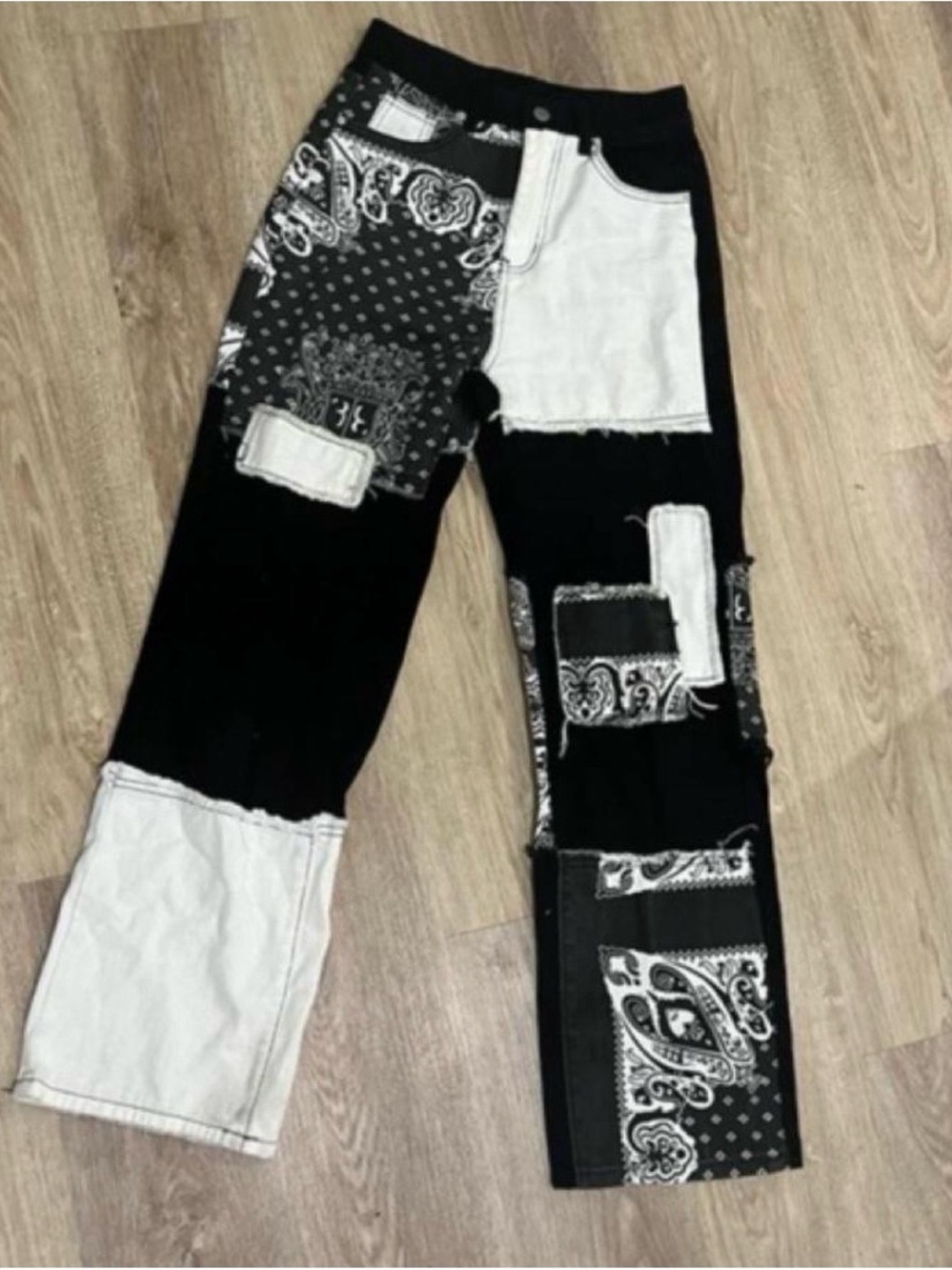 Black & White Patchwork Women’s Jeans - Contrast Bandana Design